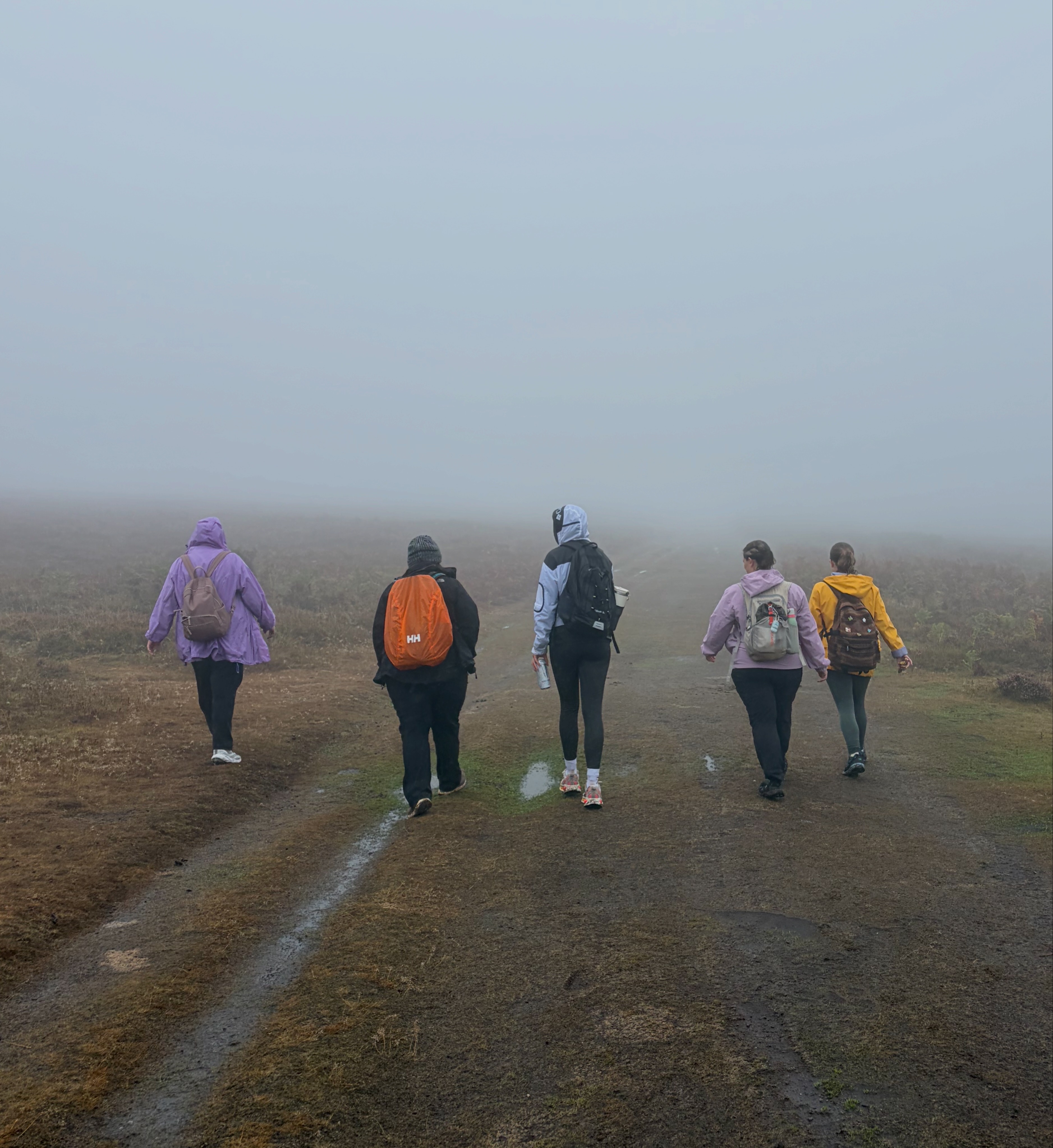 Members walking together on a misty trail